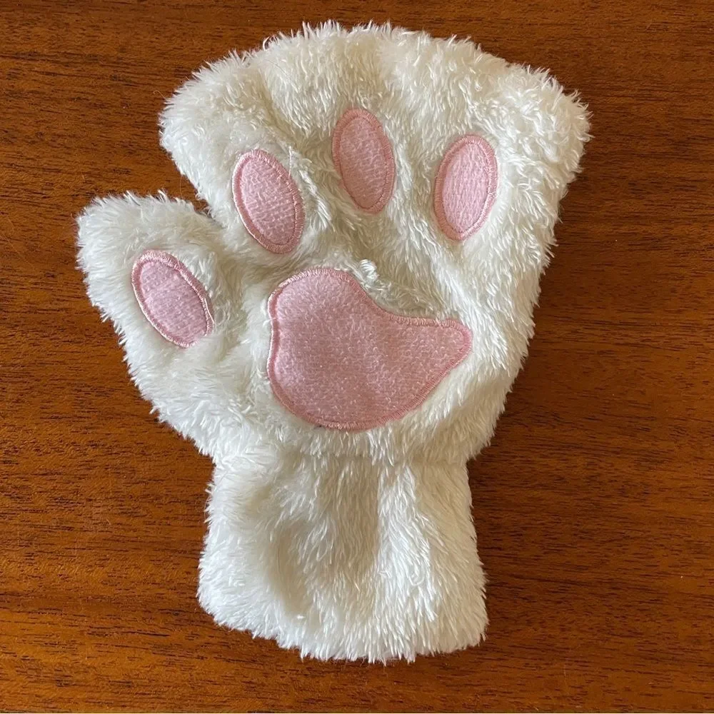 Fuzzy Cat Paw Costume Gloves White with Pink Pads